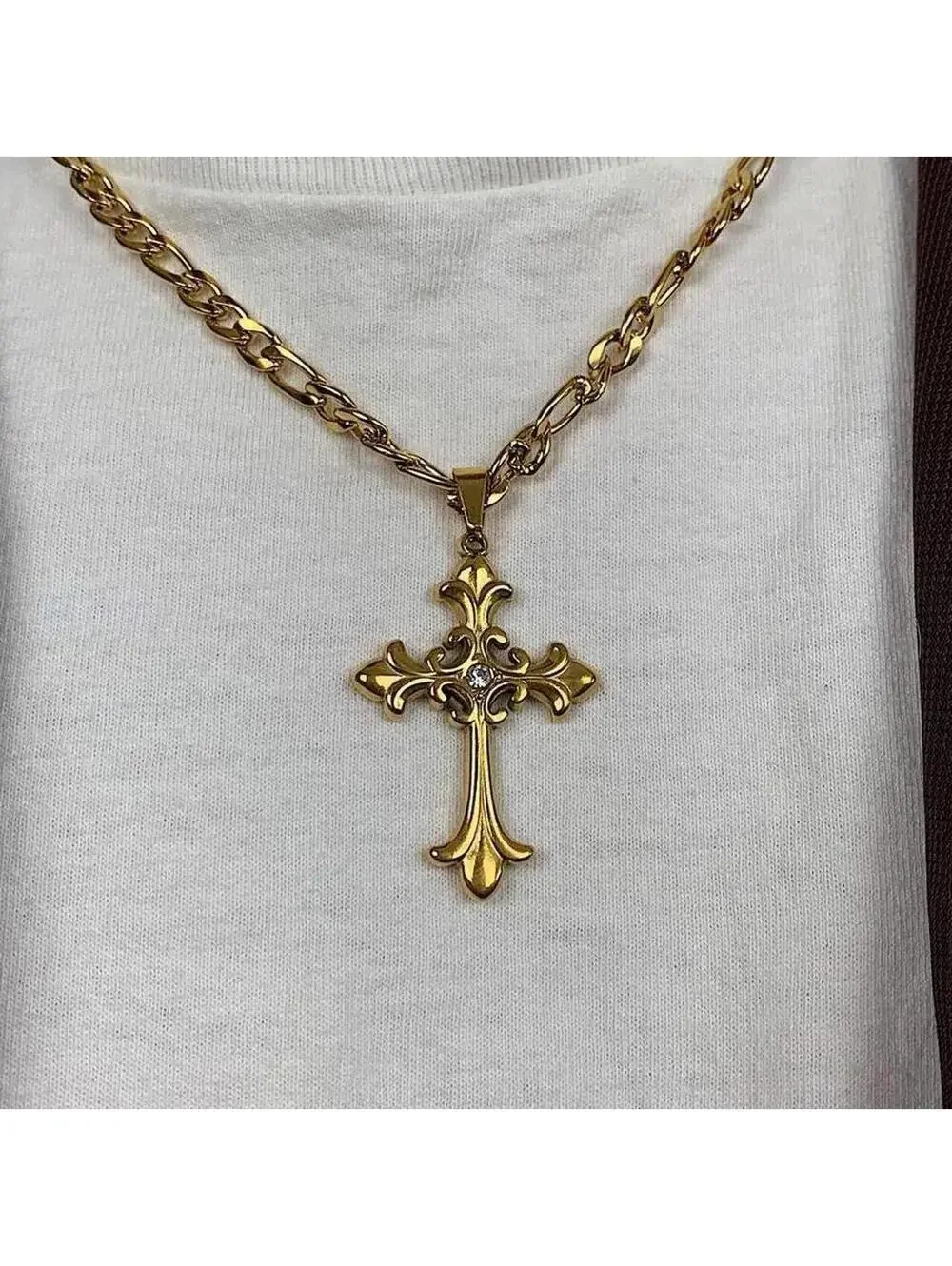 Y2K Gold Stainless Steel Cross Pendant Stone Necklace 20 Inch Unisex